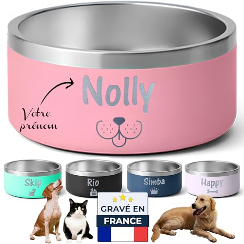 KDO MAGIC - Gamelle personnalisée Rose 32oz Base Antidérapante | Idée cadeau chien, chat, animaux | Grande et petite taille | Bolle personnalisable gravé avec prénom
