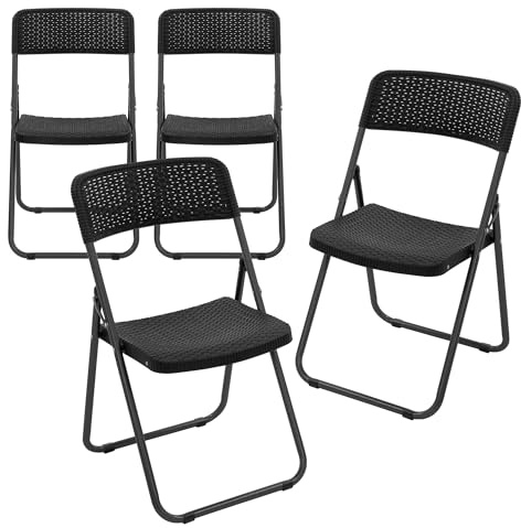 ECD Germany Set 4 Sedie Pieghevoli in Plastica PP Effetto Rattan Nero con Telaio in Acciaio Sedie da Giardino Balcone Camping Salvaspazio Resistenti alle Intemperie Carico Fino a 200 kg