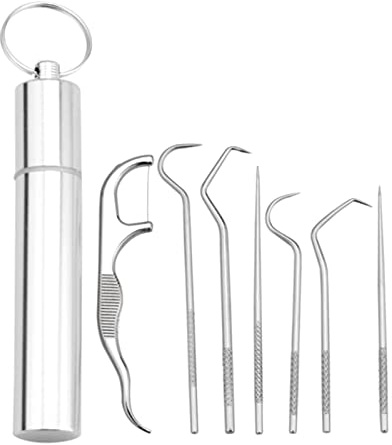 Juego de palillos de dientes portátiles de acero inoxidable – 7 piezas de herramientas de limpieza de dientes de metal reutilizables con soporte de almacenamiento para picnic, camping, viajes