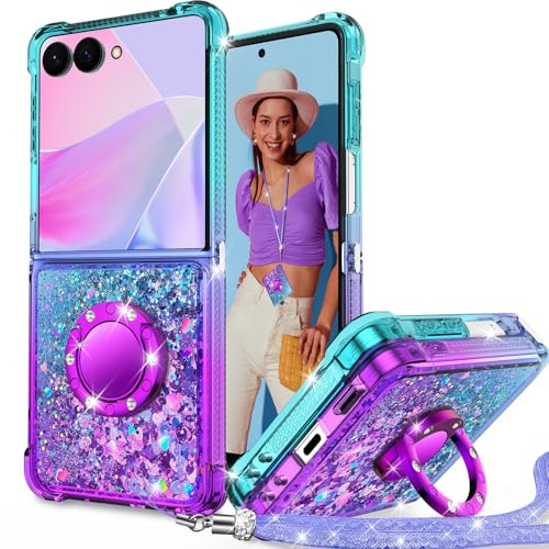 Unlicaku Glitter Case for Samsung Galaxy Z Flip 7, Ring Stand & Lanyard | Liquid Bling Sparkle Diamond Protective Phone Cover for Women Girls, Purple