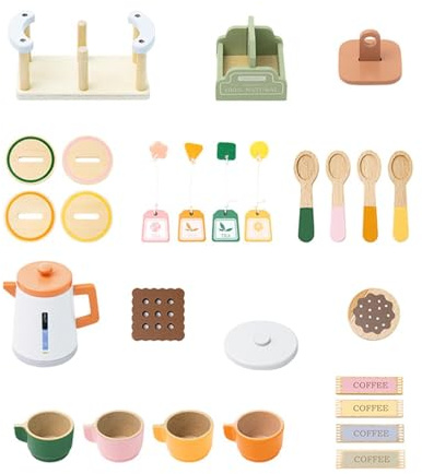 Sharplace Service à thé en Bois pour Petites Filles, Jouet de Simulation de Cuisine, cuillères de Jeu pour Enfants, Service à thé pour Cadeau
