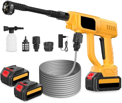 Teodute 21V Idropulitrice a Batteria, 120Bar/1700PSI, 6L/min, 6 in 1 Ugello con 5M Tubo, 2×3.0Ah Batterie, Gittata 12m per Auto Patio Giardino Pulizia Pavimenti