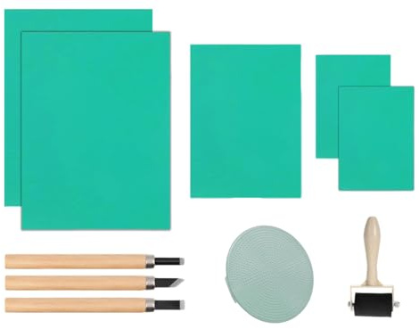 Hitopin Linoleum Incisione,5PCS Blocchi per Intaglio del Timbro di Gomma,Piastra in Gomma Morbida,Stampa Linoleum, con 1 rullo, 1 Ma Lian,3 utensili da intaglio,per la Realizzazione (2A4+A5+2A6)