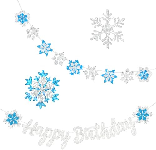 2PCS Happy Birthday Schneeflockenbanner, Glitzer Blau und Weiß Gefrorene | Schneeflocke Geburtstagsdekorationen Banner, 3m Hänge Geburtstag Deko Geeignet Geburtstag Deko, Kinder-Party, Frauen