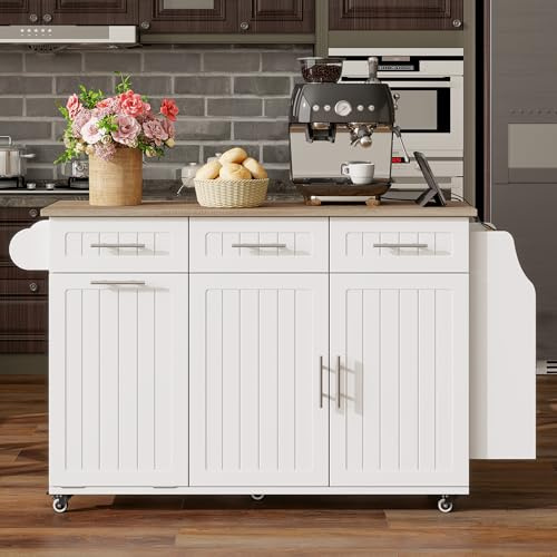 Fppuueg Isla de Cocina con Mesa Plegable y Ruedas, Aparador Cocina con Enchufe y Compartimento para Cubo de Basura, Mueble Auxiliar de Cocina, Gabinete Buffet Carro de Cocina, 120x40(70)x90 cm, Blanco