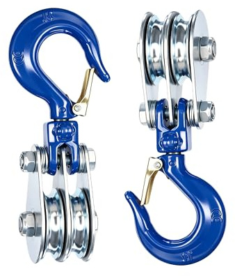 AmoreTempo 2 Stück Umlenkrollen für Seile –2 x 1t Doppelte für Flaschenzüge | Mit Kugellager,360°Haken,Anti-Rutsch-Klammer,Seile bis 10mm.für Flaschenzüge,Seilwinde,HebezügeIdeal für Forst,Bau,Industrie