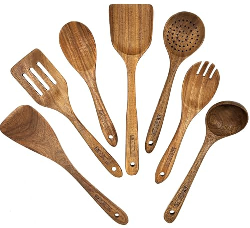 Maison Verelle 6 Pcs Wooden Spoons Sets Cooking Heat Resistant Natural Teak Wooden Cooking Utensil Set Comfortable Grip Non-Stick Wooden Kitchen Utensils