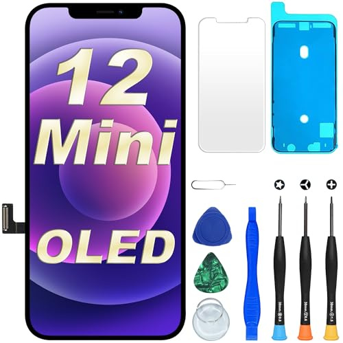 Digi4U Ecran pour iPhone 12 Mini OLED, 5,4 Full HD Compatible Face ID Retina 3D Touch True Tone avec Assemblage Digitizer, Kit d’Outils de Réparation et Adhésif Étanche