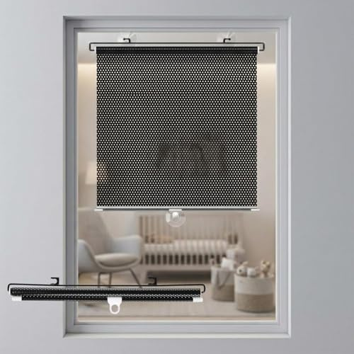 Verdunkelungsrollo ohne Bohren, Rollo mit Saugnäpfen für Sonnenschutz Fenster Innen. Temporäres Verdunklungsrollo Hitzeschutz Dachfenster & Auto(Blacks,35W x 95 cm H)