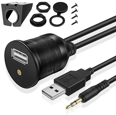 TNP USB AUX Flush Mount Cable, Dashboard Panel Dash Mount USB + 3.5mm AUX 1/8 Audio Jack Port Socket Plug Water Resistant Connector Extension Wire Cord f/Car Truck Trailer Boat Motorcycle (1M / 3FT)