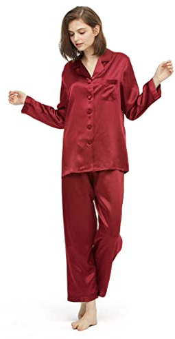 LilySilk Elegante Seide Nachtwäsche Damen Langarm Pyjama Langarm Hausanzug Weihnachts-Pyjama-Set Verpackung MEHRWEG(Weinrot,S)