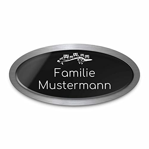 Premium Türschild aus Hochglanz Acrylglas und V2A Edelstahl | Namensschilder mit Gravur und Motiven Familienschild Türschilder für die Haustür mit Namen selbstklebend oder mit Bolzen 21x10 cm oval