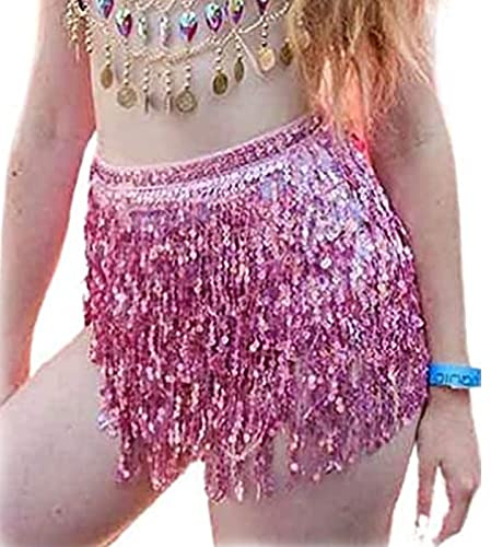 Larancie Jupe paillettes Danse du ventre Jupe pompons Écharpe de hanche à paillettes Jupe portefeuille Fête Costume rave pour femmes et filles Danseuse du ventre (rose)