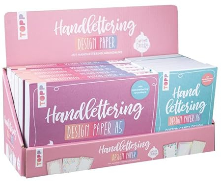 Handlettering Design Paper Block Cotton Candy Display, 2x5 Ex.: 75 feste Motivpapiere in 25 Designs. Mit Handlettering-Grundkurs. DIN A5 und DIN A6. 2 x 5 Ex. im Display
