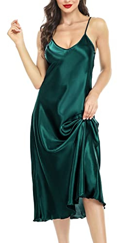 Lovasy Satin Nightdress for Women UK Long Negligees Strap Chemise Silk Nighties for Women V Neck Full Slips Sleepwear Nightwear,Dark Green,XXL