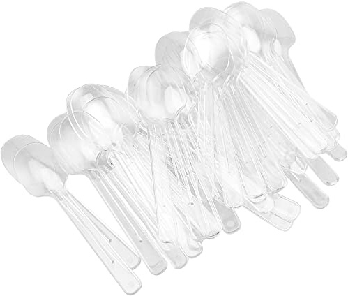SINJEUN 400 Stück Mini-Dessertlöffel, 10 cm, kleine Kunststofflöffel, transparente Löffel, leichte Teelöffel, wiederverwendbare Löffel für Party, Neujahr, Desserthaus