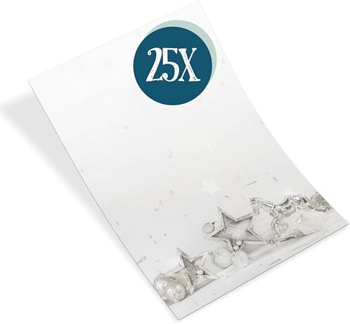 Briefpapier Weihnachten, 25 Blatt: Papier zum Schreiben, Einladung, Weihnachtliches Bastelpapier Set, Motivpapier Schaukelpferd, Weihnachtspapier Firma, Kunden Brief Bedruckbar, Grau & Silber, DIN A4