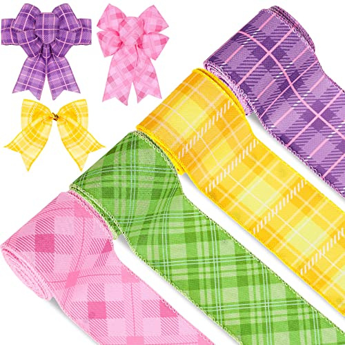 Whaline Frühlingskaro, Drahtkante, buntes Karomuster, Stoffband, Rosa, Grün, Gelb, Lila, dekoratives Geschenkband für Osterkranz, Schleifen, Bastelbedarf, 22 m, 4 Rollen