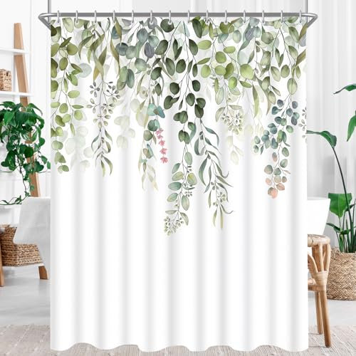 Lerores Duschvorhang 200x200cm, Grün Blätter Antischimmel Textil, Wasserabweisend, Waschbar Polyester Stoff Badevorhänge mit Ösen und 12 Duschvorhangringe für Badezimmer, Badewanne