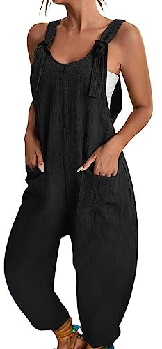 BRONG Hängselbyxor dam sommar vida ben jumpsuit med ficka ledig lös overall för kvinnor sparkbyxor ärmlös rem hängselbyxor justerbara sparkdräkter, svart, M
