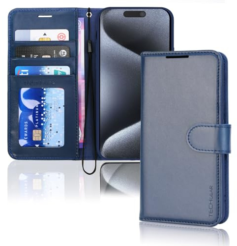 TECHGEAR iPhone 15 Pro Leather Wallet Case, Flip Protective Case Cover with Wallet Card Holder, Stand and Wrist Strap - Blue PU Leather with Magnetic Closure Designed for iPhone 15 Pro 6.1