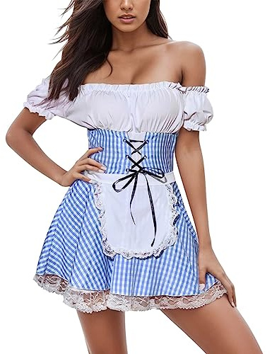 sutelang lurryly Trachtenkleid Damen Sexy Dirndl Damen Kurz Oktoberfest Spitzen Patchwork Mesh Taillenträgerkleid Dirndl+für+Damen (b-Blue, M)