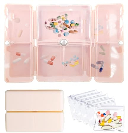 Lot de 2 boîtes à médicaments pliables avec 5 poches pour médicaux de voyage - Boîte de rangement magnétique pour comprimés - Convient pour le stockage de vitamines et de pilules ordinaires (rose,