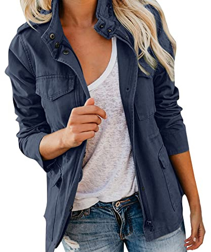 EMUKFD Giacca a vento militare da donna, stile safari, con cerniera, leggera, con cappuccio, casual, primaverile e autunnale, con tasche