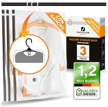 PACKDUDE Buste Sottovuoto Vestiti da Appendere (con Ganci) I 3 PEZZI I Taglia XL: 100x70 cm I Sacchi Sottovuoto per Cappotti, Giubbotti e Giacche I Hanging Vacuum Bags I Appendiabiti Sottovuoto Grandi