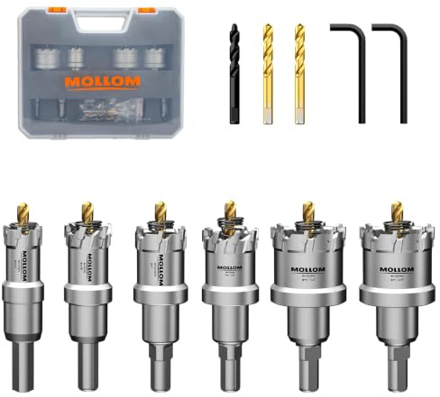 Mollom 6 Pcs(19-35 mm) TCT hårdmetallspetsad hålsågssats för hårdmetall, extra 2xTitanium & 1xSteppade pilotborrkronor och 2 Pcs sexkantsnyckel för rostfritt stål, järn, aluminium, legering, metall