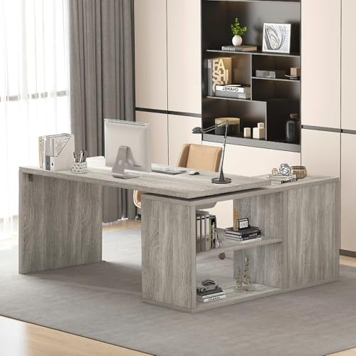 HSH Bureau d'angle 140Cm Métal Moderne Tiroir Rangement Télétravail Gris