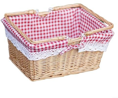 Picknickkorb, Weidenkorb, gewebter Picknickkorb, für den Außenbereich, handgefertigter Blumenkorb, Rattan-Aufbewahrungsbehälter für Lebensmittel, Blumen, Picknick (Korb in natürlicher Farbe + roter