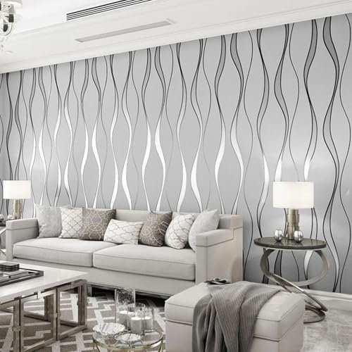 Tarwanear Grey Wallpaper for Living Room 1 Roll - 5.03m² Grey Stripes Wallpaper Non-Woven 3D Effect Textured Wall Paper Wave Stripes Design Decor Wallpapers for Feature Walls Fireplace Frontroom