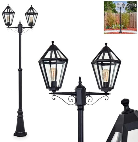 Kandelaber Falfosa, Außenwegeleuchte aus Metall/Glas in Schwarz/Klar, Leuchte im Vintage/Antik/Landhaus-Design für Außenbereich/Garten/Terrasse, Höhe 242 cm, 2 x E27, ohne Leuchtmittel, IP44