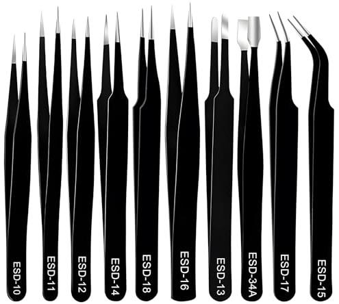10Pcs Precision Tweezers Set, Non Magnetic Anti Static Stainless Steel Tweezers for Multi Function Craft Electronics, Jewelry Manufacturing, Repairing, Hobbies