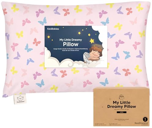 KeaBabies Toddler Pillow with Pillowcase, Jumbo 14X20 - Soft Organic Cotton Toddler Pillows for Sleeping - Machine Washable - Perfect for Travel, Toddler Bed Set (Flutter)