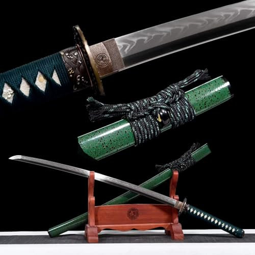 103cm Katana mit Naturholz-Saya,T10-Stahl Klinge mit handgebrannten speziellen Sichellinien,Reinem Kupfer Tsuba,handgefertigtes SamuraiSchwert zum Sammeln,Cosplay,Geschenke,Kendo,Laido,Kampfsport