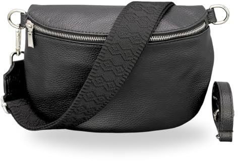 BRISE Bauchtasche Damen Echtleder AFIA Silber Handgemachte Umhängetasche Crossbody Bag mit Ledergurt + Optionalen Breiten Gemusterten Riemen 3 Fächer Hüfttasche Made in Italy (Schwarz-Silber 5)