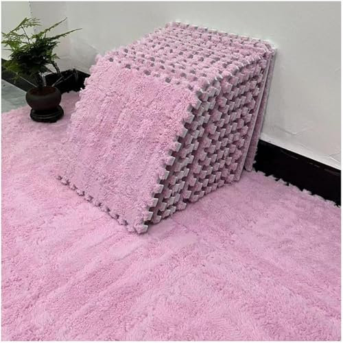 10 Stück Plüschschaum-Bodenfliesen, 12 x 12 Zoll, quadratische ineinander greifende Teppichfliesen mit Rand, weiche, Flauschige Schaumstoff-Puzzle-Bodenmatte (Rosa)