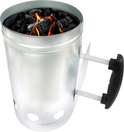 Navoys Charcoal Barbecue Chimney Starter - Safety Handle, Quick Start Lighting Kit, Camping Grilling BBQ, Galvanised Iron Sheet Finish, Heavy Duty, Outdoor Activity Accessories