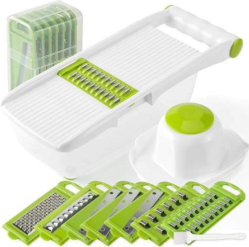 AUNEK Mandoline Vegetable Slicer, Multi Function Mandolin Food Slicer with 8 Interchangeable Stainless Steel Blades, Safety Hand Guard & Container, Julienne Veg Cutter for Potato, Salad, Fruits