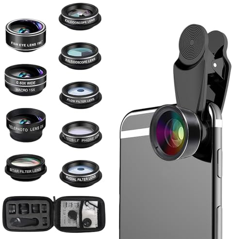 10 in 1 Phone Camera Lens kit Wide Angle Lens, 198 Fisheye, 0.63x Wide Angle, 15x Macro, 2x Teleconverter, CPL Polarizing, Kaleidoscope, Flow/Star/Radial, Three-Point Mirror