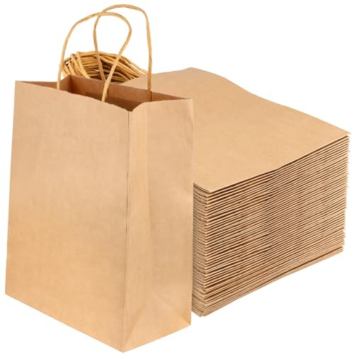 150 Stück Braune Papiertüten mit Henkel, Kraftpapier Geschenktaschen, 15 x 8 x 21 cm, Belastbar bis 7,5 kg, für Partys, Einkauf, Hochzeiten, Weihnachten und Verpackungen