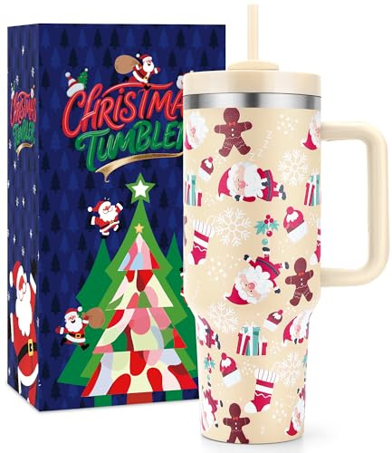 BesWin Weihnachtsbecher mit Griff und Strohhalm-Deckel, dreiwandig, Edelstahl, isoliert, passt in Becherhalter, Weihnachtsgeschenke für Damen, Herren, Kinder (Rosenquarz, Weihnachtsmann, Lebkuchenmann