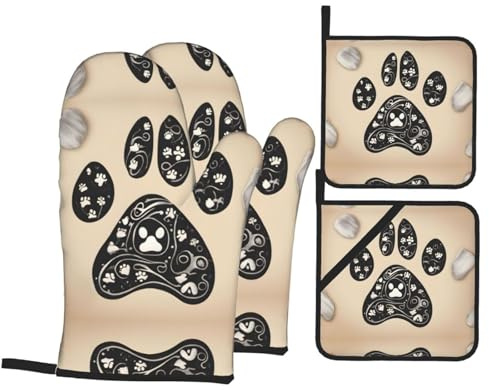4 pezzi Presine E Guanti Da Barbecue Bone And Paw Print Guanti Da Forno A Microonde Divertenti Guanti Da Barbecue Per Microonde, Cucina, Grigliare