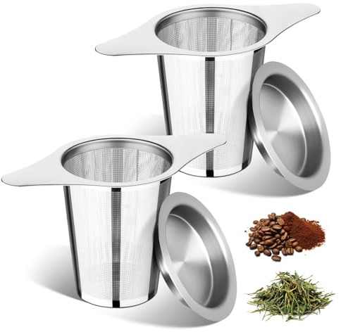 FrutPunch Tea Strainer Set of 2, Tea Infuser 304 Stainless Steel with Lid, Tea Strainers for Loose Tea Ultra-Fine Mesh, Large Capacity, Double Handles Can be Hung on Teapot, Cup, Gift for Tea Lovers