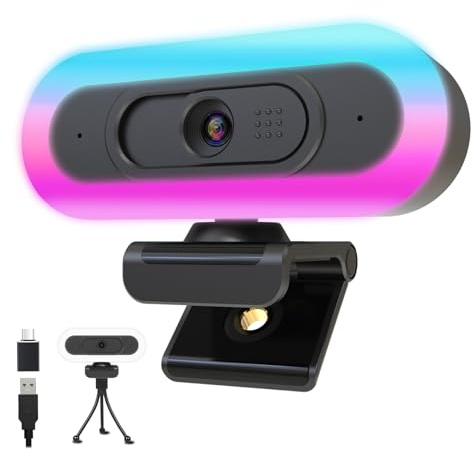 Hgarsin 2k Webcam with Ring Light/Microphone,PC Gaming Computer Camera | PC Webcam with RGB Light/Cover/Tripod,Autofocus,65°FOV,Plug and Play USB C Web Camera for Laptop Streaming/Zoom Meeting