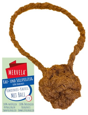 MERVELA Corde à mâcher avec balle 100 % laine de noix de coco pour chien – Jouet à mâcher naturel et biologique – Soin dentaire et durable – Convient à toutes les tailles de chien (XXL/10 x 45 cm)