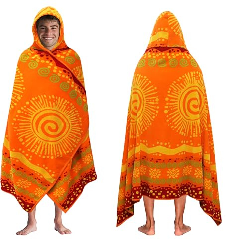 COTTON CRAFT Hooded Beach Towel - Oversized XXL 35x84 Towel with Hood for Adults - The Big Kahuna 7 Foot Extra Large Beach Blanket Towel - Big & Tall Soft 100% Cotton Velour - Sunshine Orange Yellow