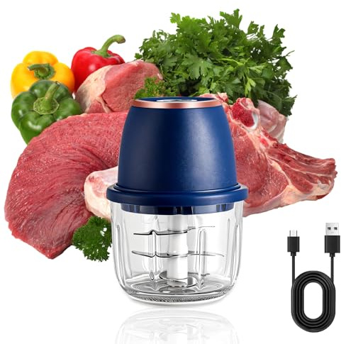 Zwiebel Zerkleinerer Elektrisch 350 ml aus Glas, Kabelloser Mini Zerkleinerer, USB-C Wiederaufladbar, 6 Edelstahlklingen für Gemüse, Fleisch, Knoblauch und Kräuter (Blau)